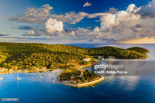 aerial view of vis town on vis island, croatia - vis croatia stock pictures, royalty-free photos & images