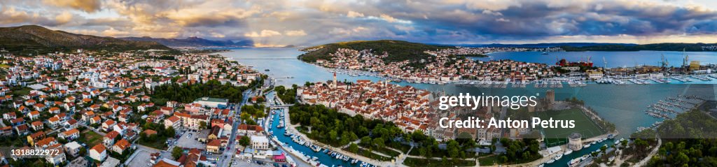 Aerial view of Trogir old town at sunset, Croatia
