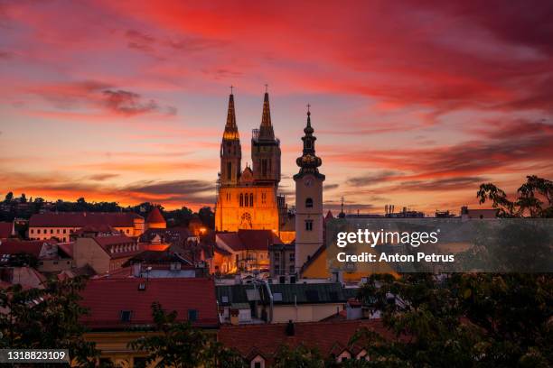 panoramic view of st. mark's church at sunrise, zagreb, croatia - zagreb stock pictures, royalty-free photos & images