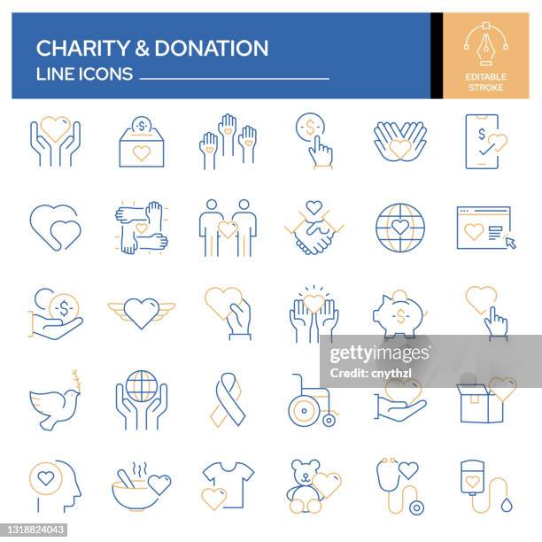 satz von nächstenliebe und spende verwandte linie icons. umrisssymbolsammlung, bearbeitbarer strich - spenden stock-grafiken, -clipart, -cartoons und -symbole