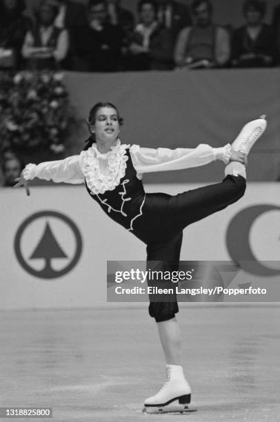 German figure skater Katarina Witt competes for East Germany to finish in first place gold medal position in the Ladies singles event at the 1983...