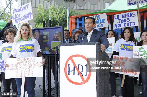 Mayor of Los Angeles Antonio Villaraigosa speaks at the Downtown Los Angeles Rally In Opposition Of HR1 With Mayor Antonio Villaraigosa at Edward...