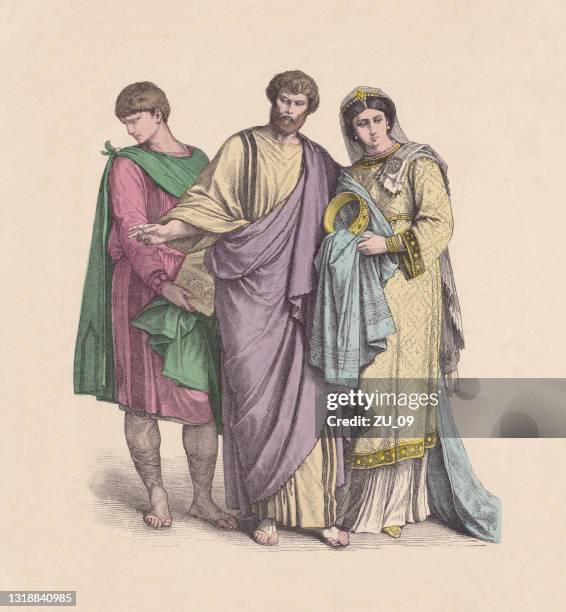 4th-6th century, christians, men and woman, hand-colored woodcut, published c.1880 - tunic stock illustrations