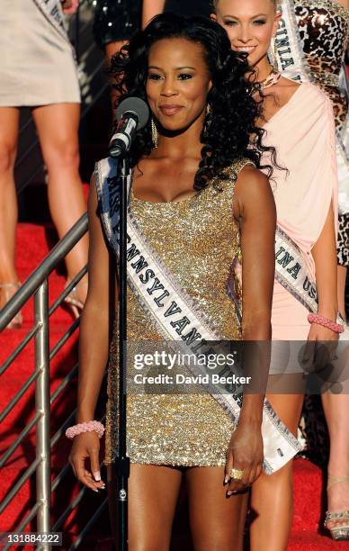 Miss Pennsylvania USA Amber-Joi Watkins arrives for the 2011 Miss USA pageant at the Planet Hollywood Resort & Casino on June 6, 2011 in Las Vegas,...