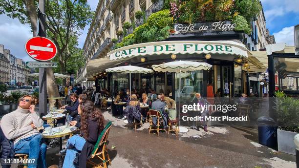 View at the 'Café de Flore' in Saint-Germain-des-Pres on May 19, 2021 in Paris, France. The country is taking steps to ease the lockdown measures...