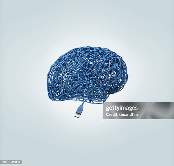 blue brain made of wires with usb - man and machine stock pictures, royalty-free photos & images