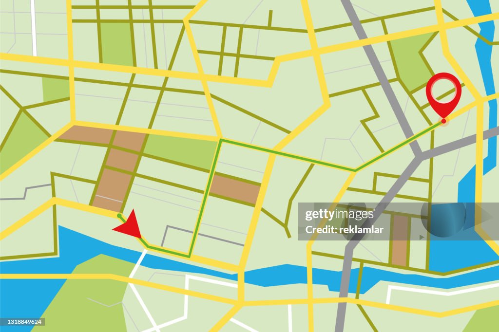 Gps navigation route with pointers. Abstract city navigation driving map. Flat style vector illustration. GPS navigator, streets, roads view from above. Top view, Generic Location, Aerial View. Travel vector background stock illustration.