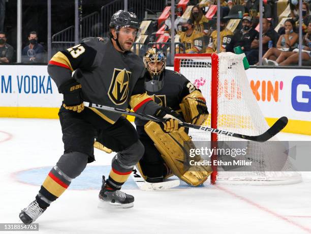 Alec Martinez and Marc-Andre Fleury of the Vegas Golden Knights defend the net against the Minnesota Wild in the third period in Game Two of the...