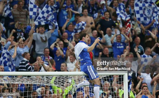 Branislav Ivanovic of Chelsea celebrates on the cross bar of the goals during UEFA Champions League Final between FC Bayern Muenchen and Chelsea at...