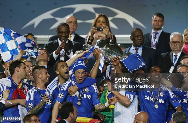 Fernando Torres of Chelsea celebrates as Chelsea lift the Champions League trophy during UEFA Champions League Final between FC Bayern Muenchen and...