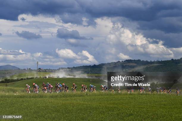 The peloton passing through gravel strokes landscape during the 104th Giro d'Italia 2021, Stage 12 a 162km stage from Perugia to Montalcino 554m /...