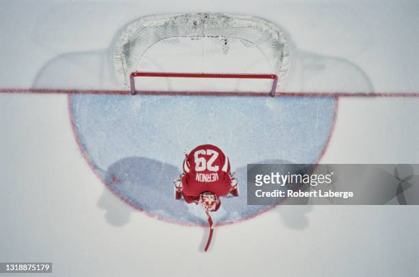 Chris Osgood, Goalkeeper for the Detroit Red Wings tends goal during Game 2 of the 1997 NHL Stanley Cup Finals against the Philadelphia Flyers on 3rd...