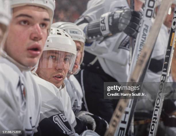 Jari Kurri, Right Wing for the Los Angeles Kings looks on from the bench during the NHL Prince of Wales Conference Adams Division game against the...