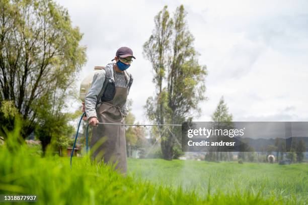 fermier fertilisant l’herbe à une ferme organique - fumigation photos et images de collection