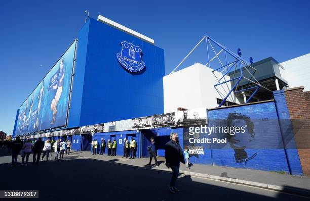 General view outside of the stadium ahead of the Premier League match between Everton and Wolverhampton Wanderers at Goodison Park on May 19, 2021 in...