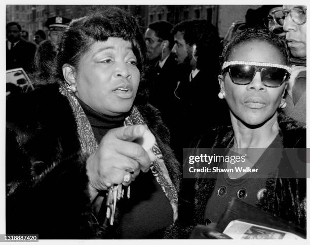 View of American Civil Rights leader Dr Betty Shabazz and actress Cicely Tyson as they attend James Baldwin's memorial service at the Cathedral of St...