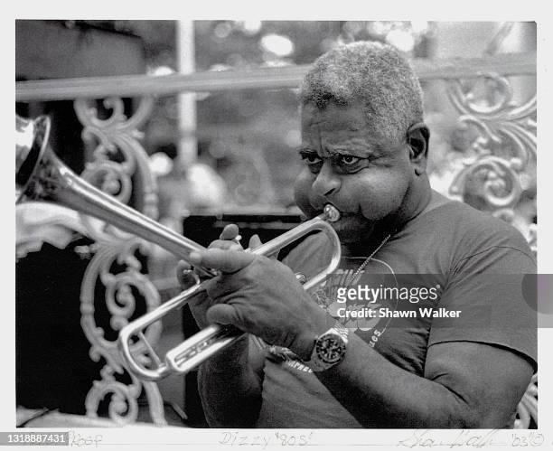 American Jazz musician Dizzy Gillespie plays trumpet as he performs during a Jazzmobile concert at Grant's Tomb in Harlem, New York, New York, 1980s.