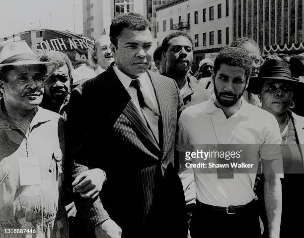 American heavy weight boxer Muhammad Ali and David Patterson , among others, during a demonstration in support of South African freedom in Harlem,...