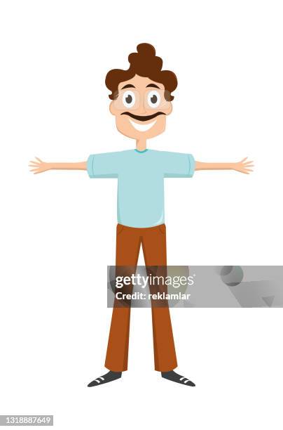 satisfied smiling brown-haired man with a friendly face standing in a full length with both arms spread out. cartoon style people avatar flat vector character design illustration isolated on white background. - man standing full body isolated stock illustrations