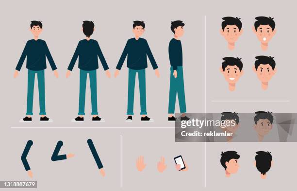 illustrations, cliparts, dessins animés et icônes de jeune adolescent dessin animé constructeur de création d’illustration vectorielle. icônes avec différents types de visages (heureux, en colère, triste, surpris, fatigué, anxieux), émotions, avant, côté, vue de dos de la personne masculine debout - person standing looking to side cartoon