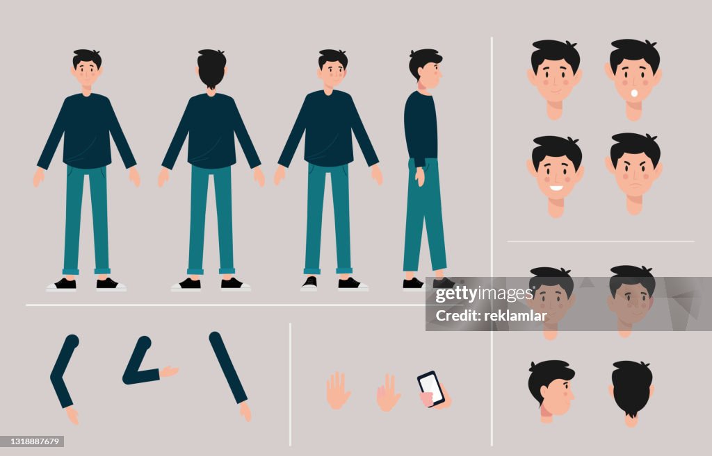 Young Teenage Boy Cartoon Character Constructor Creation Vector  Illustration Set Icons With Different Types Of Faces Emotions Front Side  Back View Of Standing Male Person High-Res Vector Graphic - Getty Images