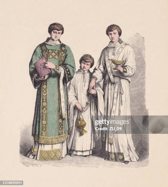 stockillustraties, clipart, cartoons en iconen met 16e-17e eeuw, katholieke gewaden, handgekleurde houtgravure, uitgegeven ca. 1880 - altar boy