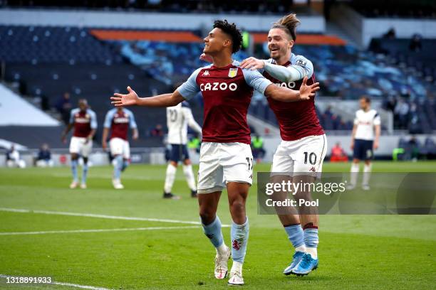 Ollie Watkins of Aston Villa celebrates with team mate Jack Grealish after scoring their side's second goal during the Premier League match between...