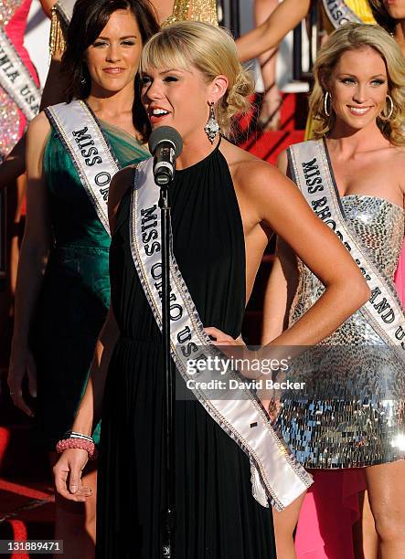 Miss Ohio USA Ashley Nicole Caldwell arrives for the 2011 Miss USA pageant at the Planet Hollywood Resort & Casino on June 6, 2011 in Las Vegas,...