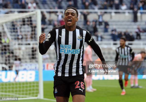 Joe Willock of Newcastle United celebrates after scoring his team's first goal during the Premier League match between Newcastle United and Sheffield...
