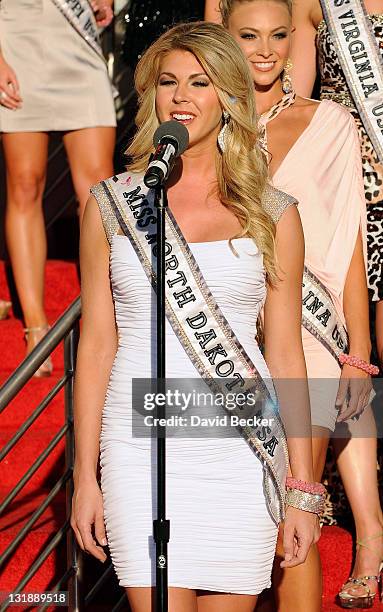 Miss North Dakota USA Brandi Lynn Schoenberg arrives for the 2011 Miss USA pageant at the Planet Hollywood Resort & Casino on June 6, 2011 in Las...