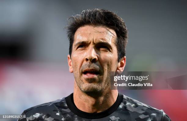 Gianluigi Buffon of Juventus looks on ahead of the TIMVISION Cup Final between Atalanta BC and Juventus on May 19, 2021 in Reggio nell'Emilia, Italy....