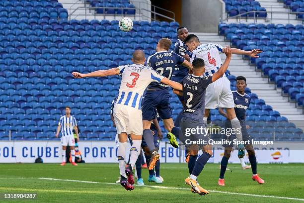 Diogo Leite of FC Porto scores their side's fourth goal during the Liga NOS match between FC Porto and Belenenses SAD at Estadio do Dragao on May 19,...