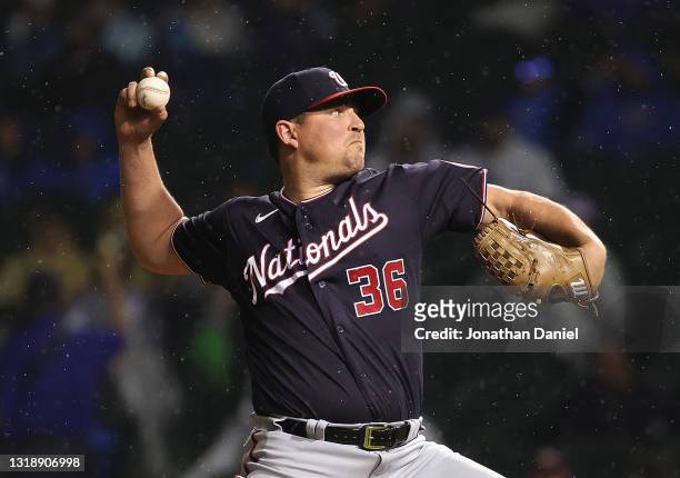 Will Harris of the Washington Nationals pitches against the Chicago Cubs at Wrigley Field on May 18, 2021 in Chicago, Illinois. The Cubs defeated the...