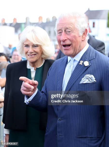 Prince Charles, Prince of Wales and Camilla, Duchess of Cornwall speaks with members of the public as they visit Bangor open air market with Camilla,...
