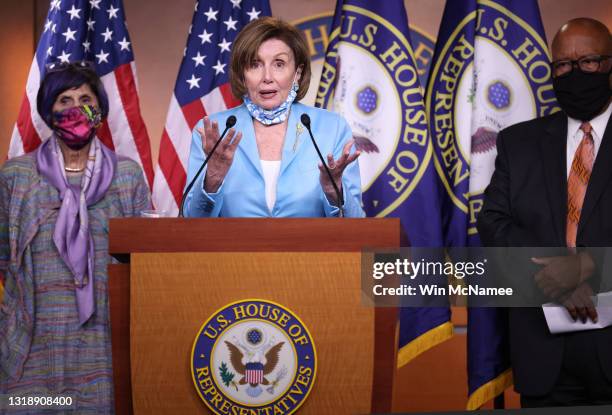 Speaker of the House Nancy Pelosi answers questions at a press conference on the establishment of a commission to investigate the events surrounding...
