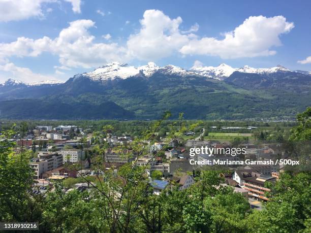 high angle view of townscape against sky,vaduz,liechtenstein - fürstentum liechtenstein stock-fotos und bilder