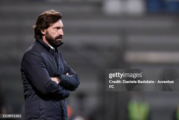 Head coach of Juventus Andrea Pirlo looks on during the TIMVISION Cup Final between Atalanta BC and Juventus at Mapei Stadium on May 19, 2021 in...