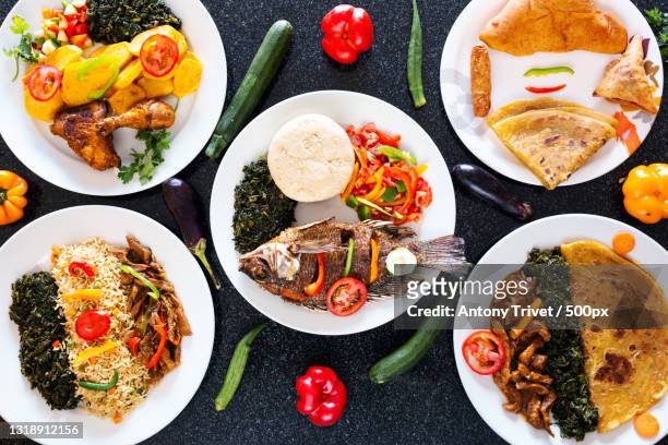 directly above shot of various food served on table,nairobi,kenya - kenya stock pictures, royalty-free photos & images