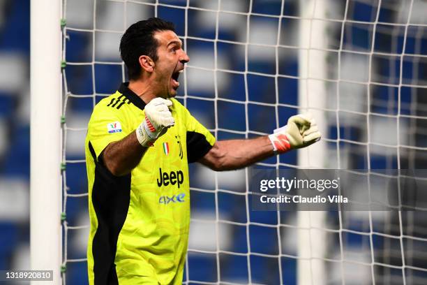 Gianluigi Buffon of Juventus reacts during the TIMVISION Cup Final between Atalanta BC and Juventus on May 19, 2021 in Reggio nell'Emilia, Italy. A...