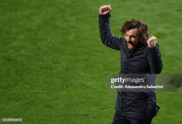 Andrea Pirlo head coach of Juventus celebrates the victory during the TIMVISION Cup Final between Atalanta BC and Juventus on May 19, 2021 in Reggio...