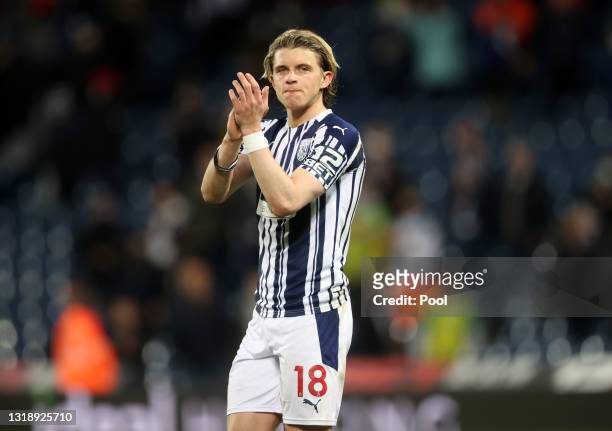 Conor Gallagher of West Bromwich Albion applauds fans following the Premier League match between West Bromwich Albion and West Ham United at The...
