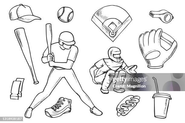 baseball doodle set - baseballfänger stock-grafiken, -clipart, -cartoons und -symbole