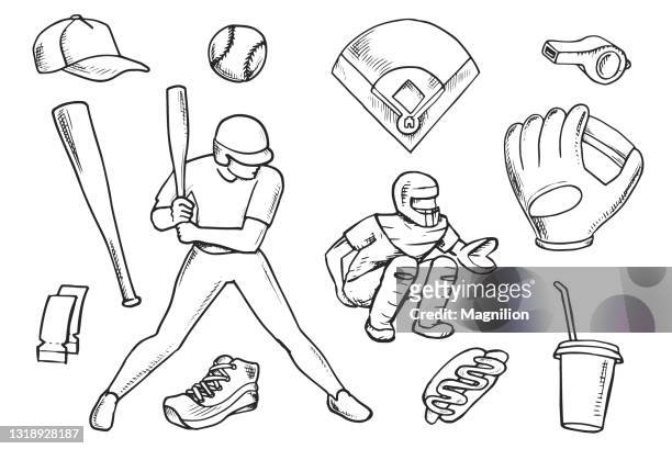 baseball doodle set - baseball catcher stock illustrations
