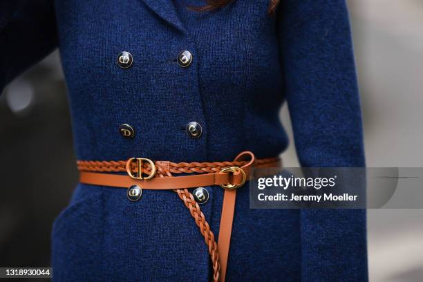 Alexandra Lapp wearing blue knitted Dior jacket and brown Dior DiorDouble belt on May 03, 2021 in Dusseldorf, Germany.