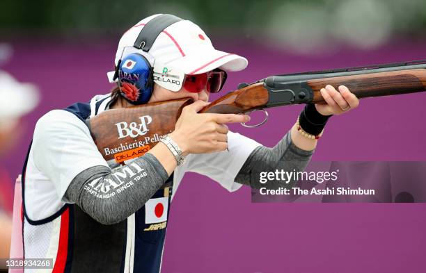 Yukie Nakayama competes in the Trap during the Shooting Olympic test event at the Asaka Shooting Range on May 18, 2021 in Asaka, Saitama, Japan.