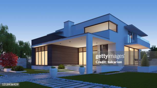 villa luxueuse moderne avec jardin. - annonce immobilière photos et images de collection