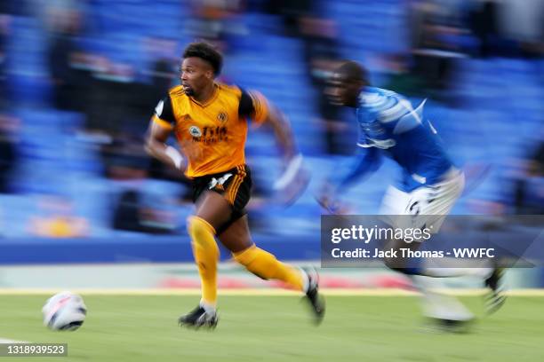 Adama Traore of Wolverhampton Wanderers runs with the ball during the Premier League match between Everton and Wolverhampton Wanderers at Goodison...