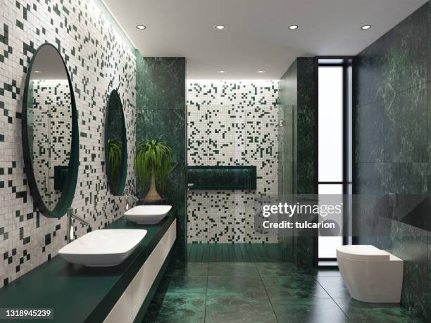 modernes minimalistisches badezimmer mit mosaikfliesen - bathroom tiles stock-fotos und bilder