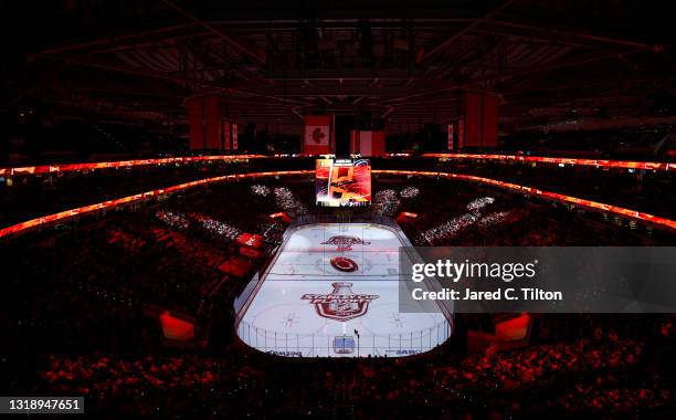 General view of pre-game ceremonies prior to Game Two of the First Round of the 2021 Stanley Cup Playoffs between the Carolina Hurricanes and the...