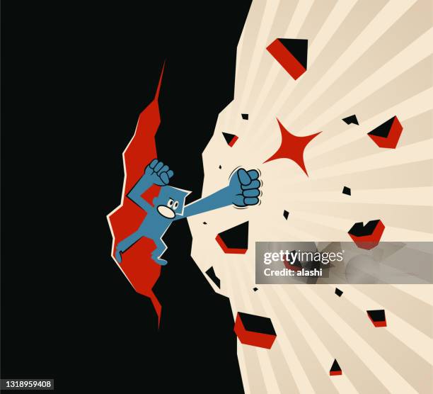 ilustrações de stock, clip art, desenhos animados e ícones de one man (businessman, leader) punching and breaking through a wall (mountain rock) with his powerful fist, breakthrough and revolution and conquering adversity and breaking the rules concept - leadership fist